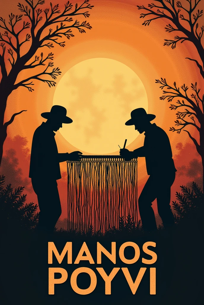 A logo for a company whose name is Manos de poyvi, The logo can have silhouettes of hands working on a fabric of poyvi threads, with details of threads and textures that highlight the craftsmanship,  The image must have the name of the company, which is Manos de Poyvi, that the threads can be seen and the threads and textures stand out 