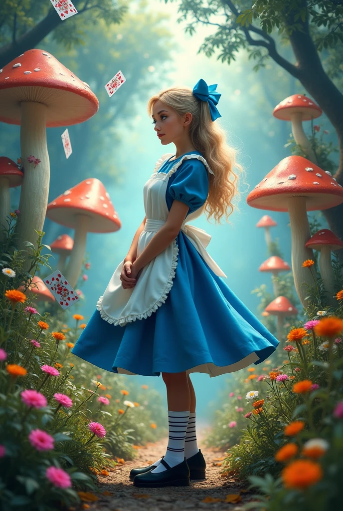A movie poster, with a blue-eyed blonde, wearing a blue dress with a white apron, striped socks, black shoes and a blue bow in her hair, No fundo, a forest with giant mushrooms and flowers of various species and colors, and playing cards falling from above