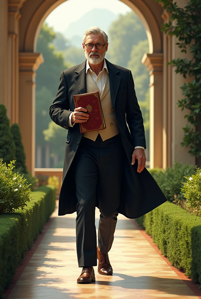 A man walking and he growing with a book in his hands seems to be rich