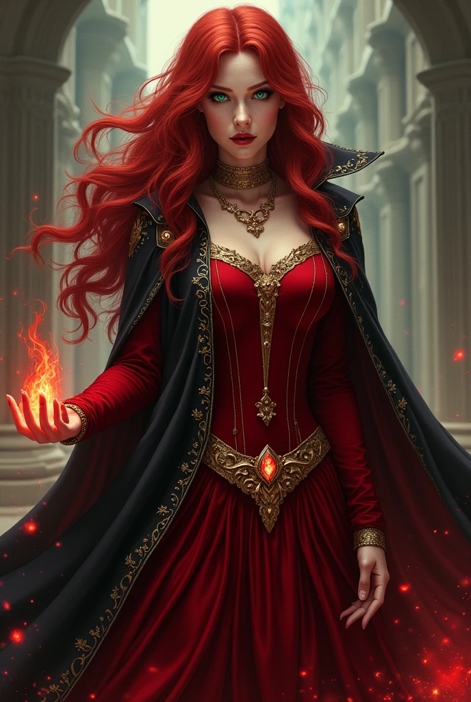 clearing! Here is a detailed description for a sorceress who can serve as a variant of the Scarlet Witch.:
### **name:** **Seraphina Crimson**
**Appearance:**
Seraphina is a 30 year old woman, with long, flame-red hair and emerald green eyes that shine with a magical intensity. your skin is pale, and she has an elegant and imposing bearing. She dresses in clothes of scarlet and gold velvet, complemented with mystical jewels that seem to pulse with arcane energy. A black cape with gold embroidery completes her look., giving it an air of authority and mystery.
**Personalidade:**
Seraphina is powerful, confident and has an aura of natural magnetism. She's fearless, but also strategic, using his deep knowledge of the arcane arts to manipulate reality to his advantage. Despite his strength, she has a compassionate side, especially for those who are unjustly oppressed. His presence is both intimidating and captivating., and she has an enigmatic way of communicating, often using metaphors and riddles.
**Poderes e Habilidades:**
- **Reality Manipulation:** Seraphina can alter reality around her, creating illusions, changing the shape of objects and even rewriting small aspects of the recent past.
- **Control of Mystic Flames:** She can conjure and control flames that don't just burn, but they also have magical properties, such as the ability to purify or bewitch.
- **Mind Reading:** Able to enter the minds of others and read their thoughts, It can also influence your decisions and emotions..
- **Arcane Protection:** She is able to create magical shields that protect against physical and magical attacks., and can also cast protection spells on others.
**history:**
Seraphina was born into an ancient line of sorcerers, a family that has kept powerful secrets and arcane knowledge for centuries. Desde jovem, she was trained in the magical arts, demonstrating a skill