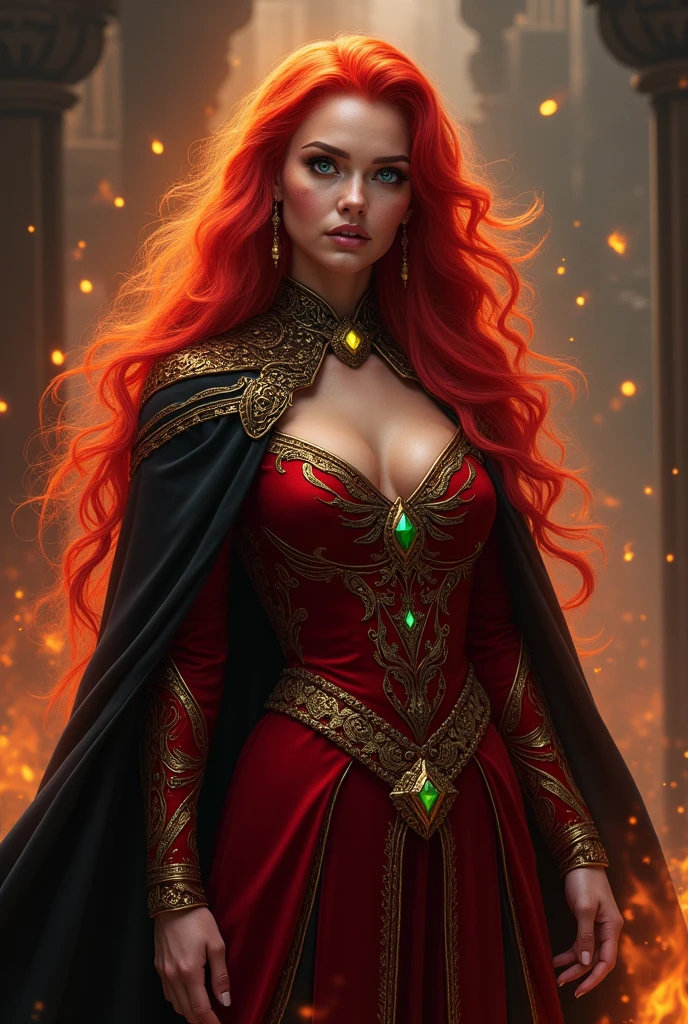 clearing! Here is a detailed description for a sorceress who can serve as a variant of the Scarlet Witch.:
### **name:** **Seraphina Crimson**
**Appearance:**
Seraphina is a 30 year old woman, with long, flame-red hair and emerald green eyes that shine with a magical intensity. your skin is pale, and she has an elegant and imposing bearing. She dresses in clothes of scarlet and gold velvet, complemented with mystical jewels that seem to pulse with arcane energy. A black cape with gold embroidery completes her look., giving it an air of authority and mystery.
**Personalidade:**
Seraphina is powerful, confident and has an aura of natural magnetism. She's fearless, but also strategic, using his deep knowledge of the arcane arts to manipulate reality to his advantage. Despite his strength, she has a compassionate side, especially for those who are unjustly oppressed. His presence is both intimidating and captivating., and she has an enigmatic way of communicating, often using metaphors and riddles.
**Poderes e Habilidades:**
- **Reality Manipulation:** Seraphina can alter reality around her, creating illusions, changing the shape of objects and even rewriting small aspects of the recent past.
- **Control of Mystic Flames:** She can conjure and control flames that don't just burn, but they also have magical properties, such as the ability to purify or bewitch.
- **Mind Reading:** Able to enter the minds of others and read their thoughts, It can also influence your decisions and emotions..
- **Arcane Protection:** She is able to create magical shields that protect against physical and magical attacks., and can also cast protection spells on others.
**history:**
Seraphina was born into an ancient line of sorcerers, a family that has kept powerful secrets and arcane knowledge for centuries. Desde jovem, she was trained in the magical arts, demonstrating a skill