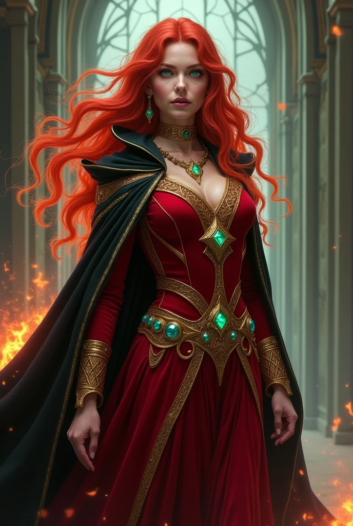 clearing! Here is a detailed description for a sorceress who can serve as a variant of the Scarlet Witch.:
### **name:** **Seraphina Crimson**
**Appearance:**
Seraphina is a 30 year old woman, with long, flame-red hair and emerald green eyes that shine with a magical intensity. your skin is pale, and she has an elegant and imposing bearing. She dresses in clothes of scarlet and gold velvet, complemented with mystical jewels that seem to pulse with arcane energy. A black cape with gold embroidery completes her look., giving it an air of authority and mystery.
**Personalidade:**
Seraphina is powerful, confident and has an aura of natural magnetism. She's fearless, but also strategic, using his deep knowledge of the arcane arts to manipulate reality to his advantage. Despite his strength, she has a compassionate side, especially for those who are unjustly oppressed. His presence is both intimidating and captivating., and she has an enigmatic way of communicating, often using metaphors and riddles.
**Poderes e Habilidades:**
- **Reality Manipulation:** Seraphina can alter reality around her, creating illusions, changing the shape of objects and even rewriting small aspects of the recent past.
- **Control of Mystic Flames:** She can conjure and control flames that don't just burn, but they also have magical properties, such as the ability to purify or bewitch.
- **Mind Reading:** Able to enter the minds of others and read their thoughts, It can also influence your decisions and emotions..
- **Arcane Protection:** She is able to create magical shields that protect against physical and magical attacks., and can also cast protection spells on others.
**history:**
Seraphina was born into an ancient line of sorcerers, a family that has kept powerful secrets and arcane knowledge for centuries. Desde jovem, she was trained in the magical arts, demonstrating a skill