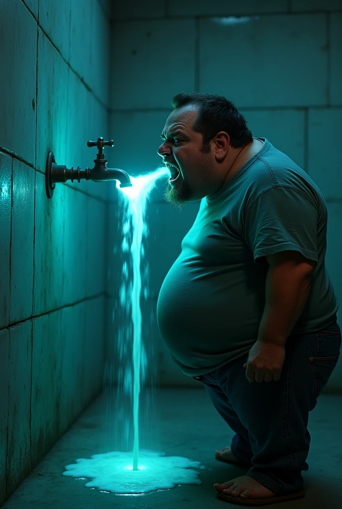 Fat guy drinking Cesium from the tap