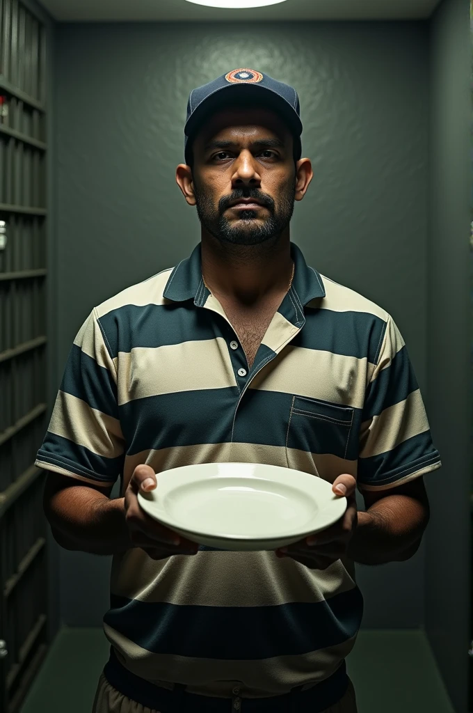 Mahendra Singh Dhoni wearing prisoner's clothes in jail and getting a plate in his hand