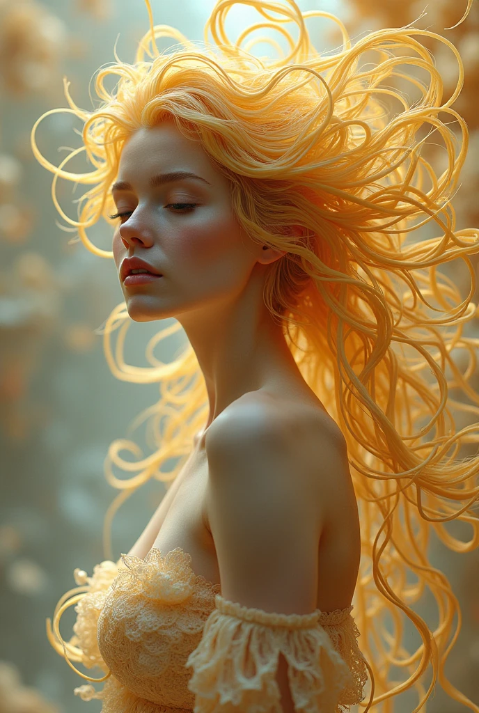A woman wearing noodles