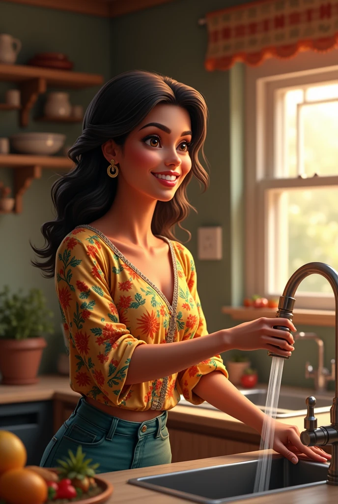 Latin woman turning on the tap with smile.