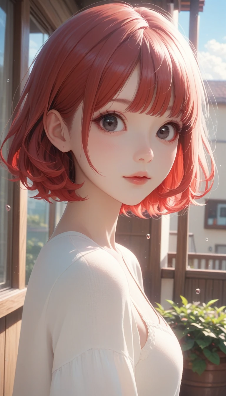 Masterpiece, Score_9, score_8_up, 8k, ultra-detailed, Ultra-high resolution, high-quality, 1girl, cute, scrunhie, perfect human anatomy, red hair, black eyes, short hair, bubble bangs