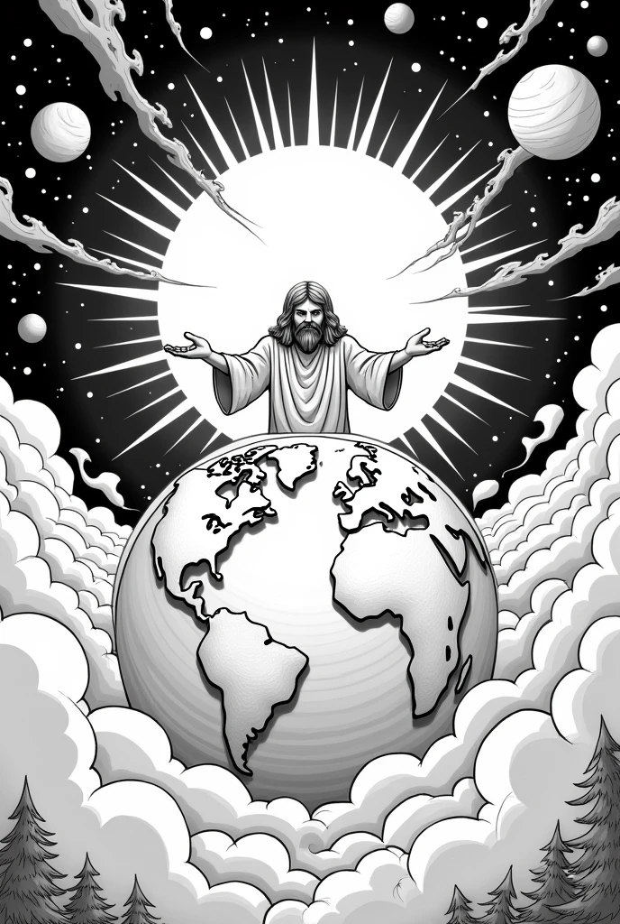 God creating the earth and the skies, with stars, sun, moon, and nature elements in cartoon style black and white