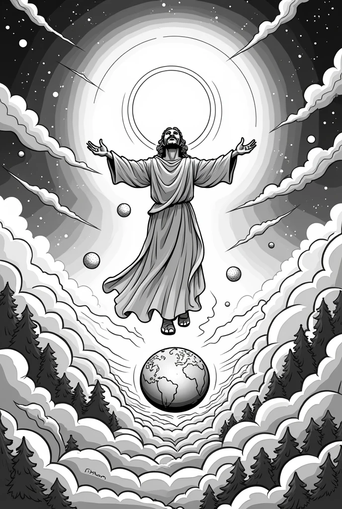 God creating the earth and the skies, with stars, sun, moon, and nature elements in cartoon style black and white