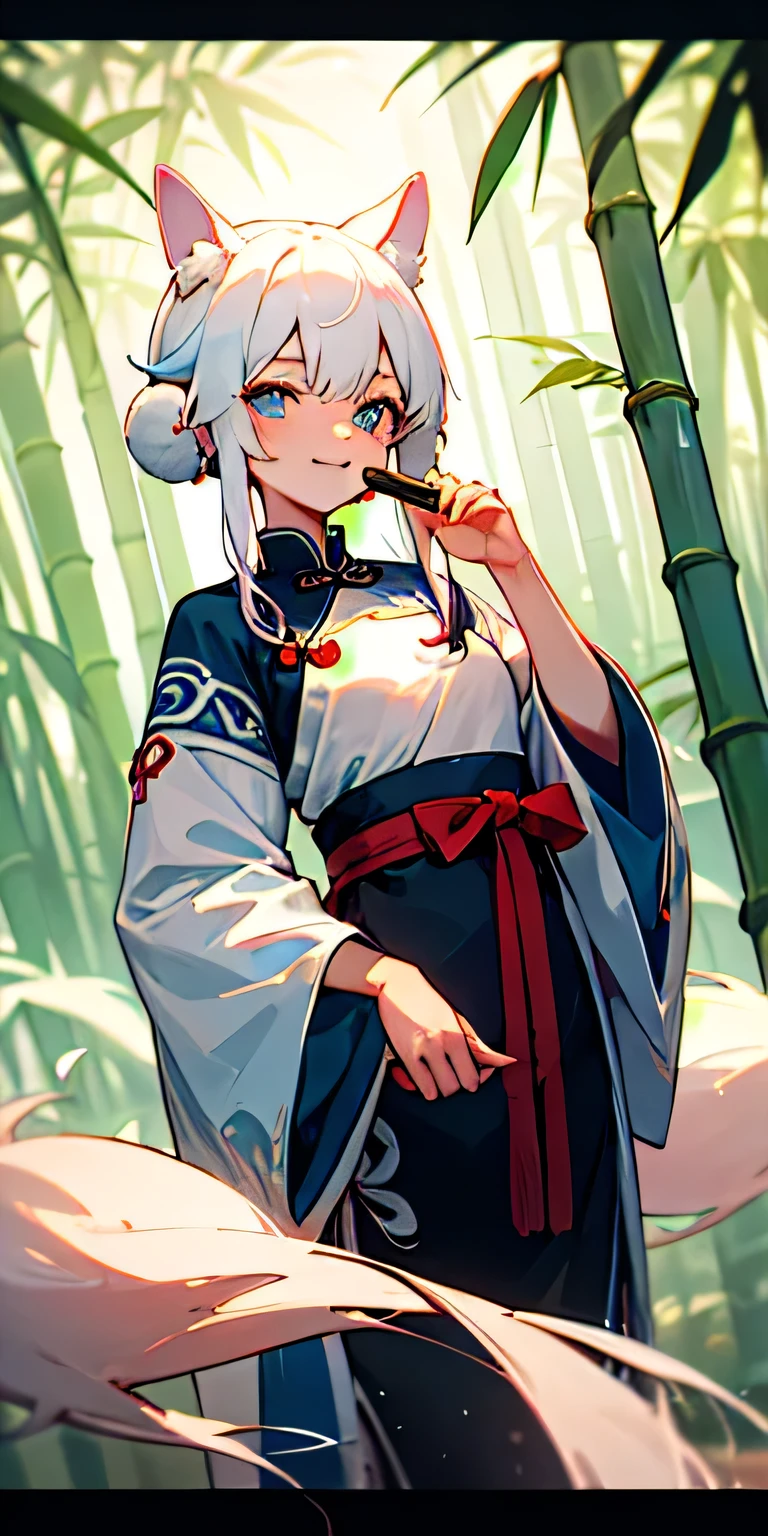 (masterpiece, best quality), Young women，White hair，More hair，Let your hair down，With bangs，Fox ears，Pink ears，Pink Tail，Big Tail，A tail，Fluffy tail，Light blue eyes，Chinese ancient style clothing，In the bamboo forest，mystery，beauty，Long fluttering hair，Anime style，Chinese style，White top，Light blue horse-faced skirt，浅Pink ears，浅Pink Tail，high-definition，Clothes decorations have chessboard elements，Best composition，Go pattern on clothes，Smile，Chinese ancient style，Hanfu，White hair，Positive face，mystery，Cool feeling，Bamboo flute in hand，Chinese style，Taoist elements，Blue and white front，Taoist elements，Gorgeous clothing, Taoist element 