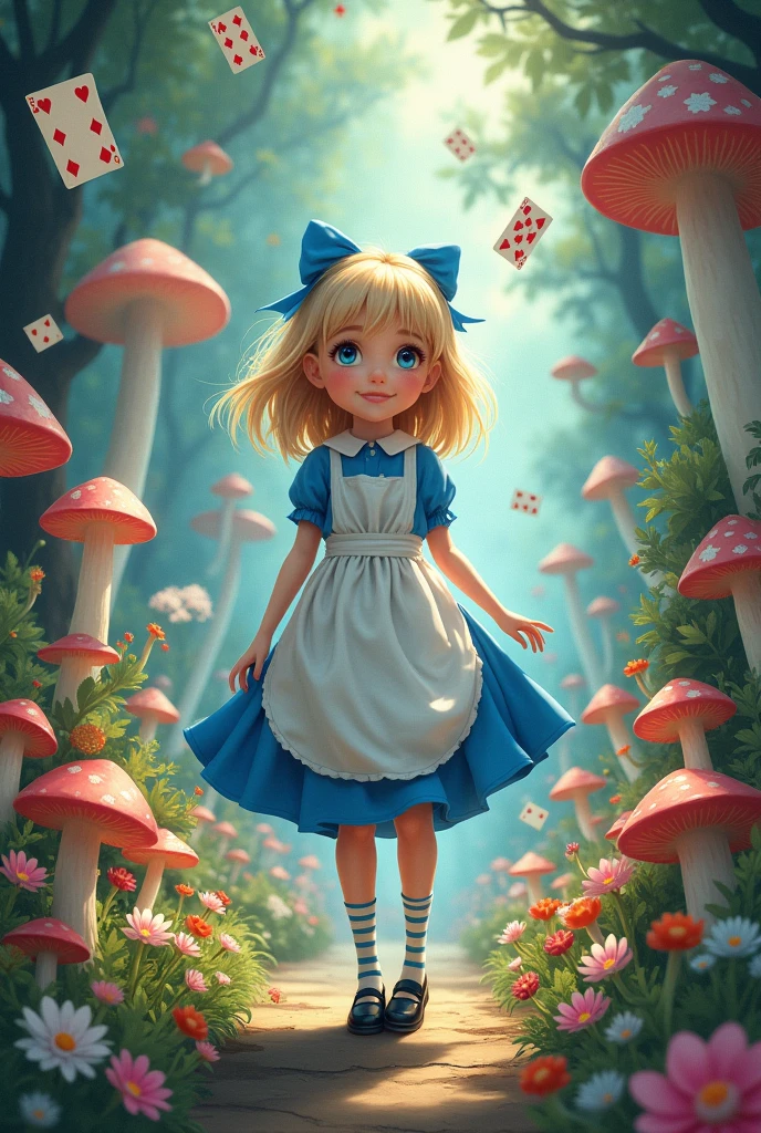 A movie poster, with a blue-eyed blonde, wearing a blue dress with a white apron, striped socks, black shoes and a blue bow in her hair, No fundo,  a forest with giant mushrooms and flowers of various species and colors, and playing cards falling from above 