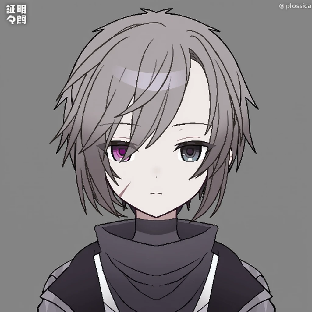 young woman, half elf, ash-colored hair, frizzy short hair, tall, mage, small ears, pale skin, high collar, anime style, black eyes, heterochromia, jacket and scarf, dark clothes, zombie, sword in sheath