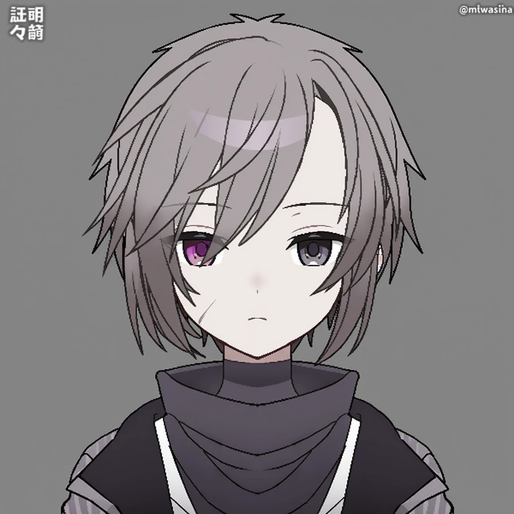 young woman, half elf, ash-colored hair, frizzy short hair, tall, mage, small ears, pale skin, high collar, anime style, black eyes, heterochromia, jacket and scarf, dark clothes, zombie, sword in sheath