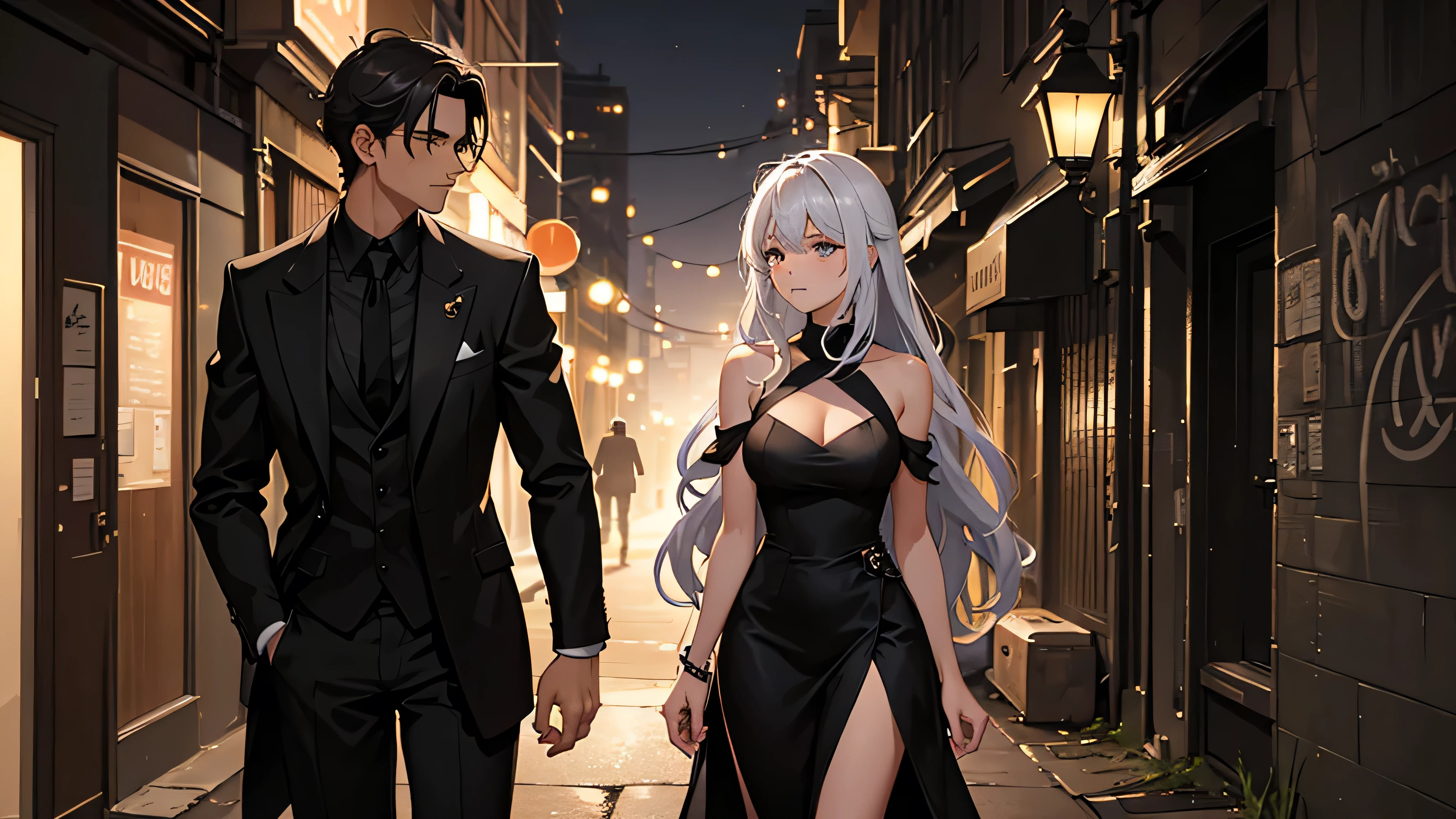 A dimly lit urban alleyway at night, where a couple stands close together, partially hidden in the shadows. The woman has a sensual, soft expression, wearing a sleek, black dress that clings to her figure, with wavy hair cascading over her shoulders. The man is dressed in a dark, fitted jacket, gently holding her waist. Their faces are close, almost touching, creating a sense of intimacy. The background shows faint city lights and graffiti on the walls, with a subtle mist adding to the mysterious atmosphere.