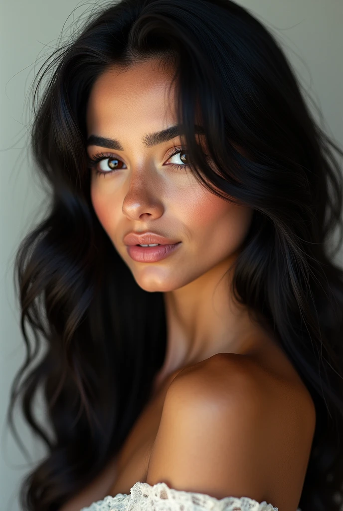Make a complete portrait of a woman with the following characteristics: Long wavy black hair, high, proportionally thin but not too much, brown eyes, white skin tending to brown, of Colombian origins and 20 years old