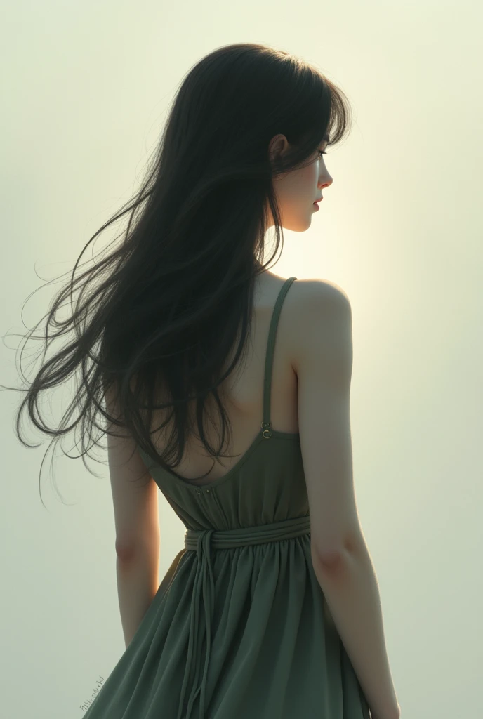 Girl with her back turned without her face being seen, with hair below the shoulders and white skin
