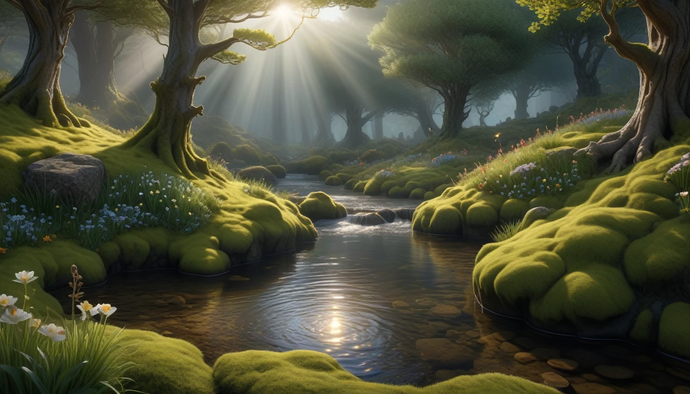 CRU photo, 8k hd, dslr, photorrealistic, Hyper-Realism, 8K resolution, HDR, highy detailed, ultra detaild. 
The hobbit&#39;s house in the birch grove near the stream. 
(The dwarf catches fish). 
moss, a little morning fog, dawn, rise sun, rays of light through the leaves of the trees, flowers in the grass, little bright butterflies, frogs in the stream water.