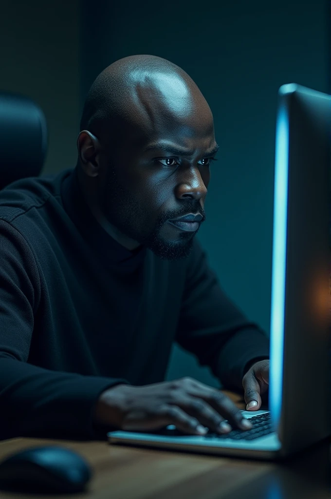 A bald black man with a giant head playing on his computer