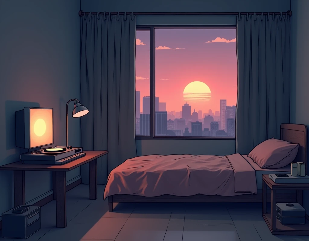 evening, 2D Style Anime, Lo-Fi, hard disk, Dark Environment、Desktop PC、unmanned、large room、View of the city from the window、bed、Sunset、Record player、Ghibli style、Retro