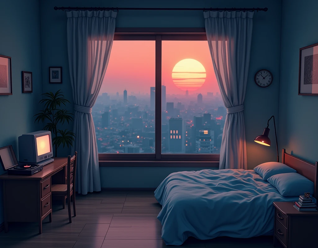 evening, 2D Style Anime, Lo-Fi, hard disk, Dark Environment、Desktop PC、unmanned、large room、View of the city from the window、bed、Sunset、Record player、Ghibli style、Retro