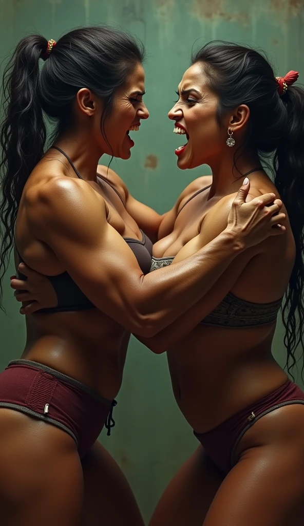 lesbian,kiss,touching each other,Lily Collins and Rachel Weisz and Kayla Knightley,3 Fitness girls,Extremely strong, Super muscular,Young Lady,  Venous arm,Wavy hair，eye shadows,, Seductive figure, Abs, Muscular arms, Burly body,gym, Bodybuilding, huge boob, Bikini, Smile, Big eyes, young girl, Sweat, Exhausted, Painful face