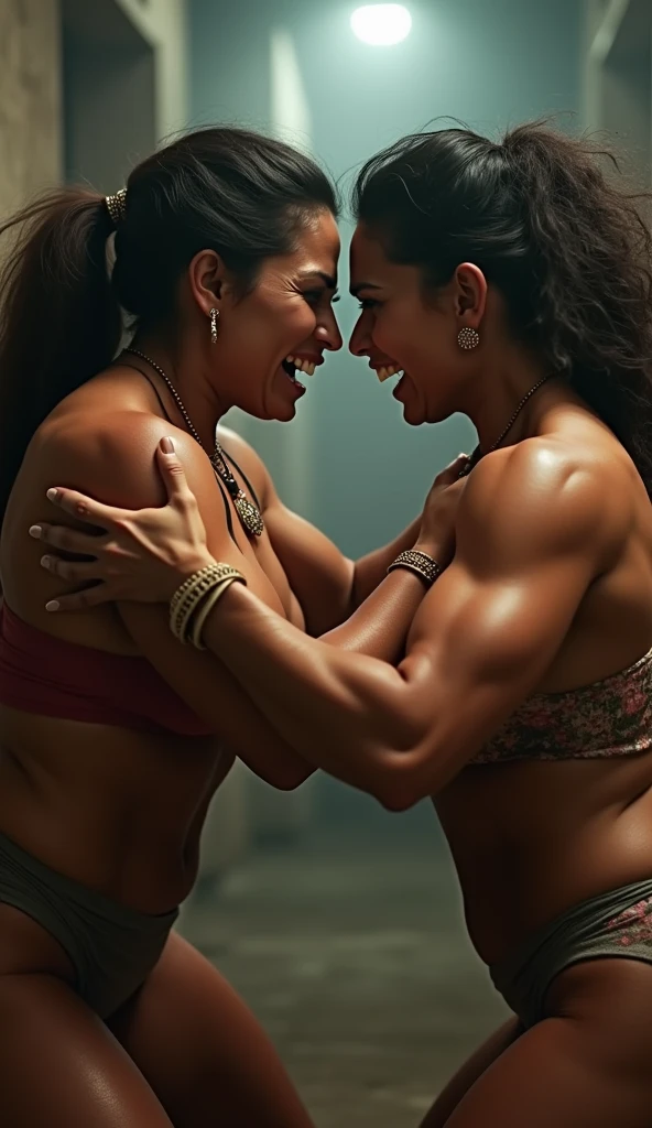 Indian two Desi thick muscle figure aunty hair pulling fighting