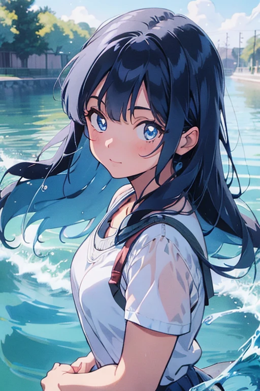 Holding water,girl,blue hair,blue eyes,little smile,masterpiece,best quality,super fine illustration,1970s,retoro