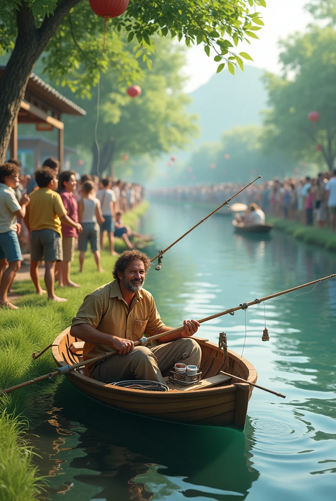 a man in his 40s smiling with brown hair in a boat with several fishing rods on the riverbank with many people watching