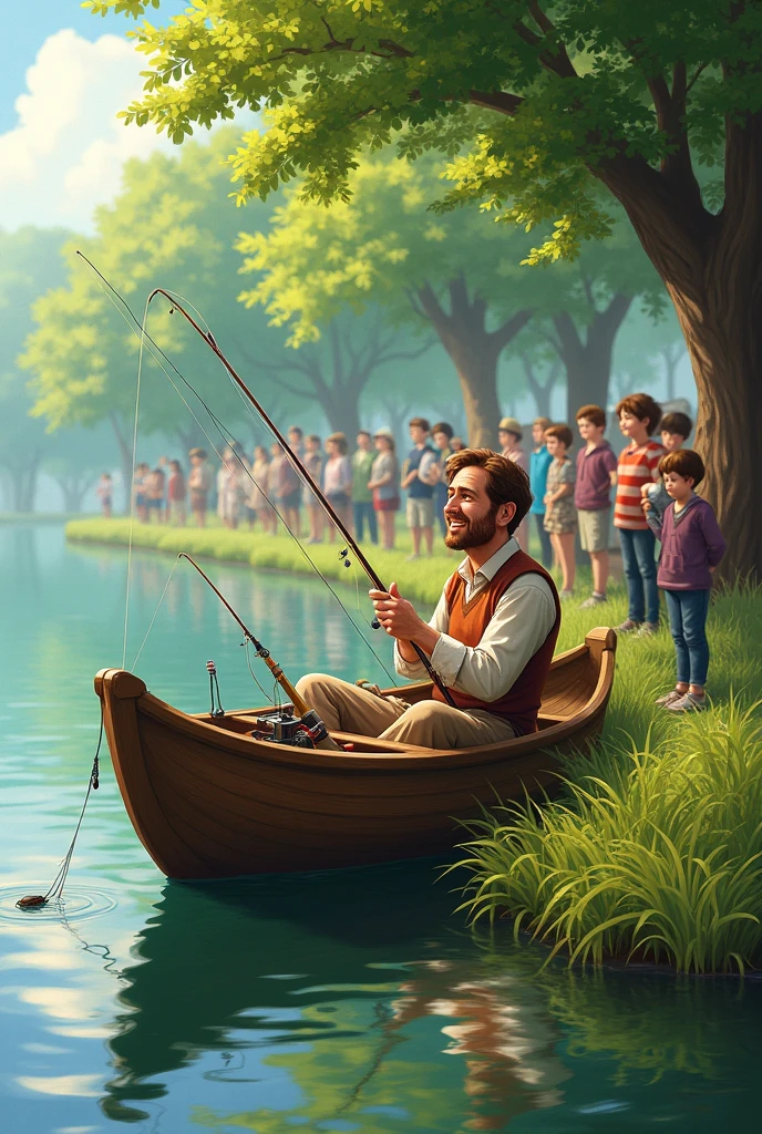 a man in his 40s smiling with brown hair in a boat with several fishing rods on the riverbank with many people watching