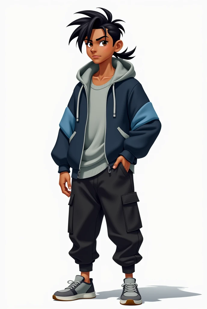 A young  male with a caramel brown skin tone, with long black hair in a small low ponytail, She has two locks falling on the sides of her face and a slight messy fringe., dark brown eyes, a good physique focused more on speed and agility, wear baggy black cargo pants, gray tennis shoes, solid colored sweaters and a dark blue jacket with light blue details, black and white