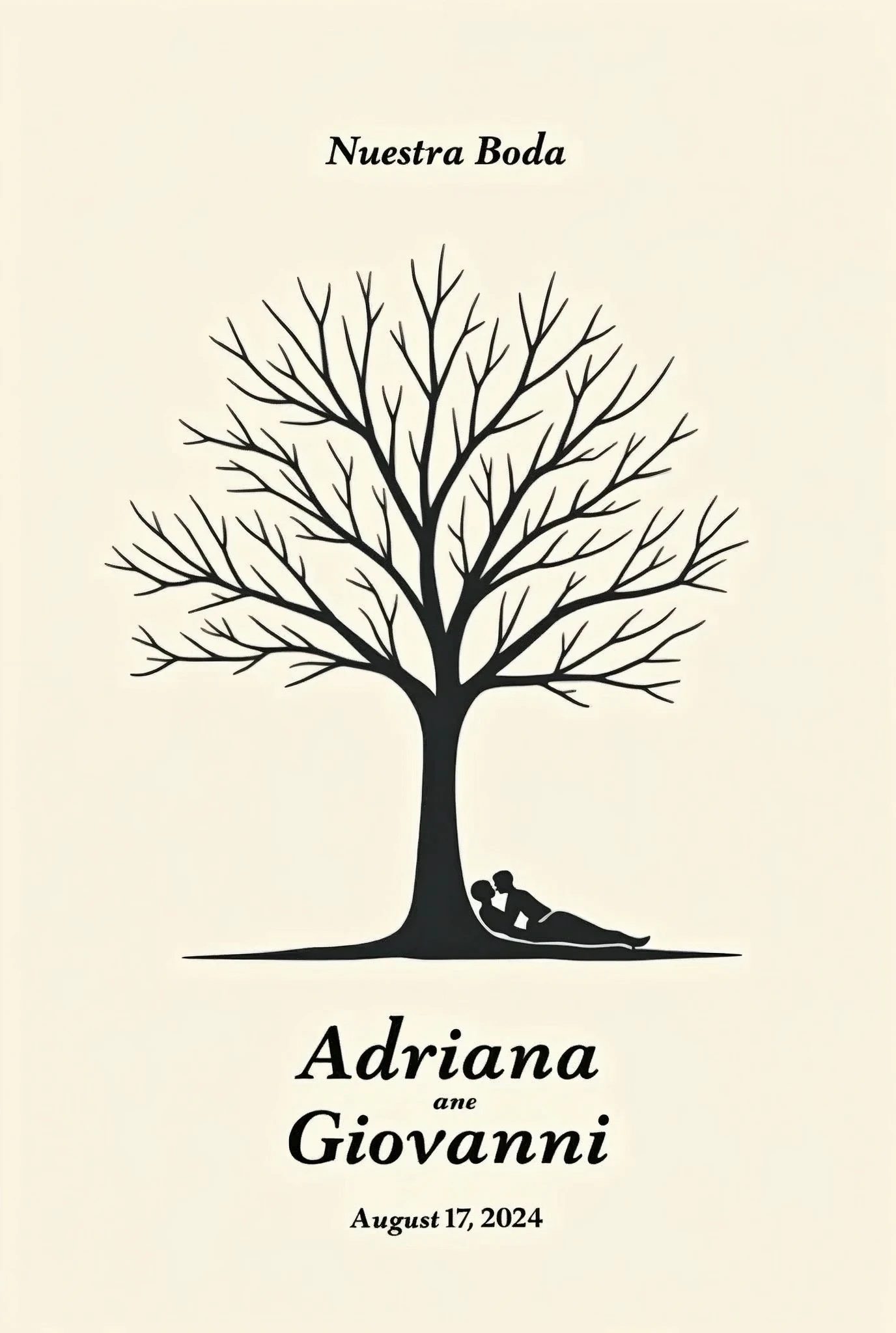 "Please, Create an image of an elegant tree without leaves or flowers with a plain background, Clear. The tree should include the names 'Adriana' and 'Giovanni' prominently displayed at the base of the tree. On the bottom, Add the text 'August 17, 2024'. Add title "Our Wedding" in Spanish, in the header . Add image of two lovers lying on the tree trunk."