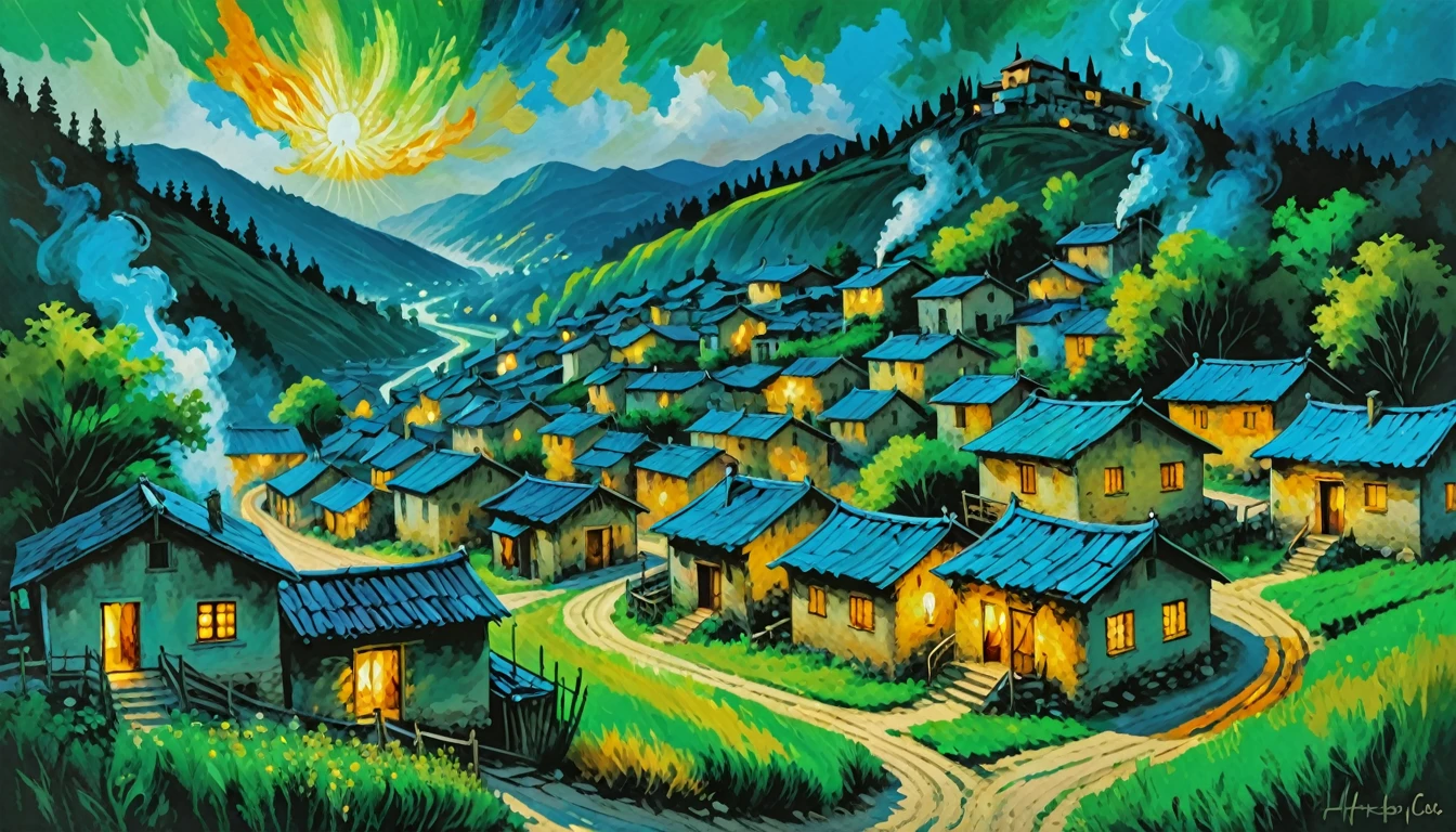 (best quality, masterpiece:1.2), A painting of a village covered in green, blue and golden flames, exquisite, painterly, realistic painting, light painting, beautiful, breathtaking
