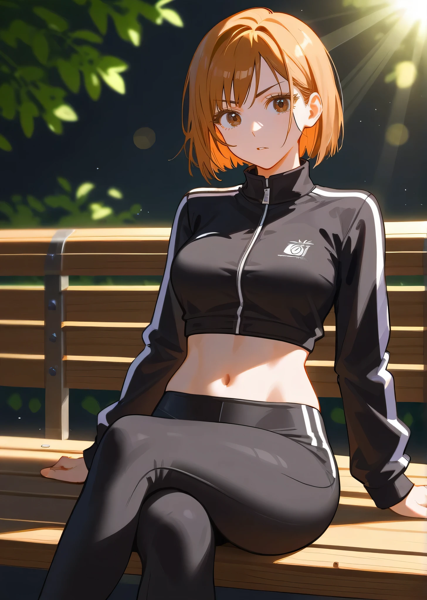 [nobara kugisaki], [jujutsu kaisen], ((masterpiece)), ((HD)), ((high res)), ((solo portrait)), ((front view)), ((detailed shading)), ((intricate details)), {(athletic figure), (slim figure), (cute brown eyes), (short eyelashes), (short orange hair), (curvy hips), (lush lips), (beautiful legs), (raised eyebrow), (curious expression)}, {(white track jacket), (navel), (black yoga pants)}, {(sitting on bench), (crossed legs), (looking at viewer)}, [ambient lighting, vending machine, sun rays]