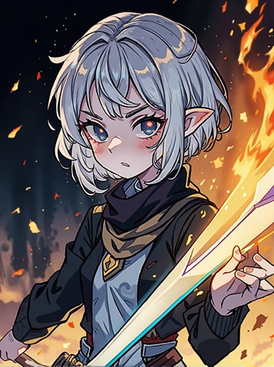 young woman, half elf, ash-colored hair, frizzy short hair, tall, mage, small ears, pale skin, high collar, anime style, black eyes, heterochromia, jacket and scarf, dark clothes, zombie, sword in sheath