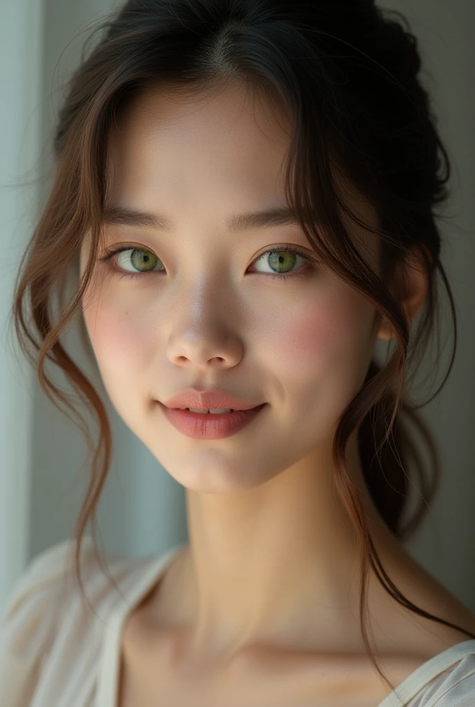 Beautiful brunette, very detailed, 21 ans, visage innocent, green eyes, high resolution, masterpiece, best quality, intricate details, very detailed, mise au point nette, detailed skin, texture de peau réaliste, texture, detailed eyes, professionnel, 4K, charming smile, filmed on Canon, 85 millimeters, shallow depth of field, Kodak Vision Color, corps parfaitement ajusté, extremely detailed, Photograph_\(ultra\), Photorealistic, realistic, Post-traitement, maximum details, roughness, real life, ultra realistic, photorealism, photographie, 8k uh, photographie, travail, bureau