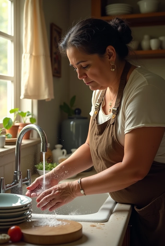 Middle aged latin woman washing dishes