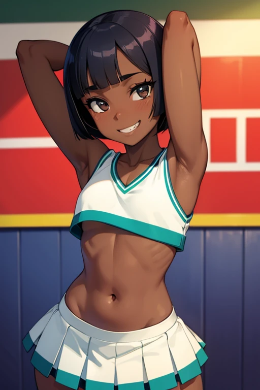 1 hot girl, very dark skin, black eyes, grin, gorgeous, african, short bob, school girl, **********, small breasts, navel, exposing clothes, cheerleader, hand behind head, armpits, tight body