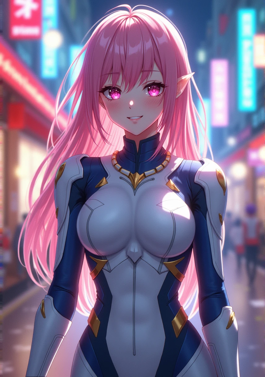 transgender girl, waist up, ssmile, beautiful lighting, deep shadow, best qualityer, Masterpiece artwork, ultra high resolution, アニメ, space armor, standing alone, neckleace, Detailed beauty. face perfect, pink eyes, pink hair, big hair, perfect female body, breasts big, happy expression, illuminated environment, shopping street, Waist slender, アニメ semi realista, NSFW, white and blue colored armor, super detailed face, rosto angelical, super detailed image(wall-paper), work of art, space warrior, little clothing, wide hip, ssmile fofo, cuteness, cute face, cute transgender girl. 