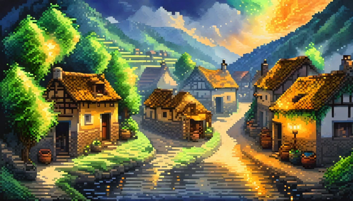(best quality, masterpiece:1.2), A pixel art painting of a village covered in green, blue and golden flames, exquisite, painterly, realistic painting, light painting, beautiful, breathtaking