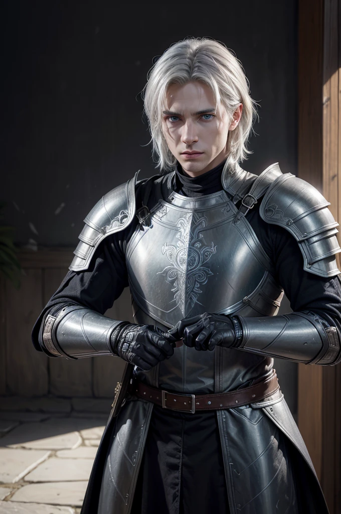 (photorealism:1.2), Paladin , young Men, wearing dark grey light armor with black details, leathers, blue eyes, medium white hair, RPG, D&d,holding a sword, powerd pose, realistic, intricate details, warm colors, by Greg Rutkowski, by Alphonse Mucha