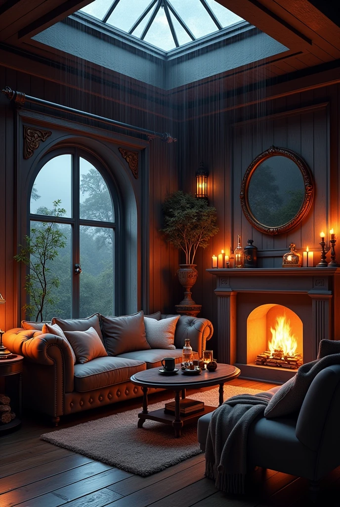 Large cozy den room, rainstorm dark clouds, L shaped comfy couch, pillows, blanket, fireplace, electric guitar, medium tv, speakers, dimmly lit, snacks on a small side table, hot coffee, whiskey, skylight, round window, sexy, homey, gentleman decor, candles 