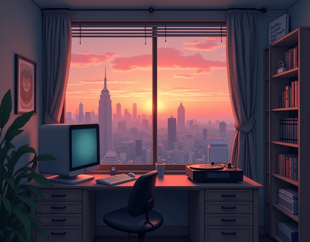 evening, 2D Style Anime, Lo-Fi, hard disk, Dark Environment、Desktop PC、unmanned、Private room、View of the city from the window、Bookshelf、Sunset、Record player、Ghibli style、Retro