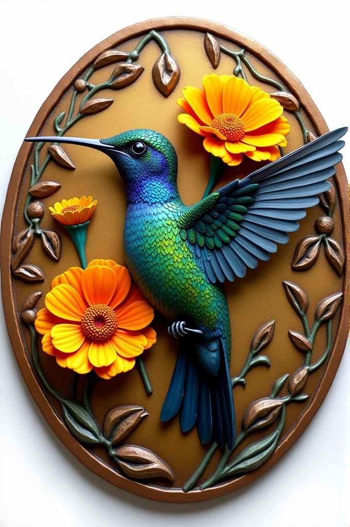 Round medal of a hummingbird with sempasuchil background