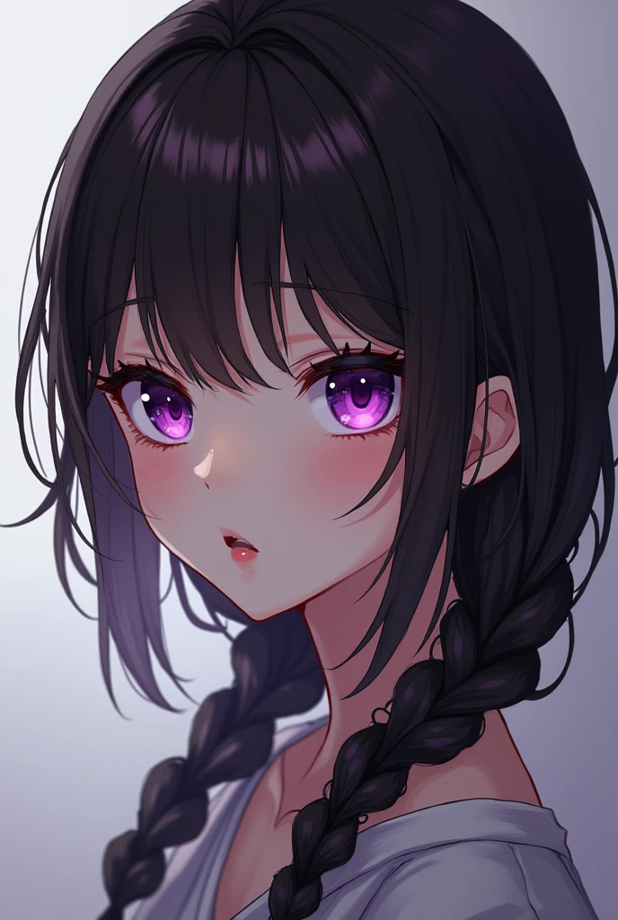 A woman with Braided bangs dark brown hair and purple eyes im mappa studio style