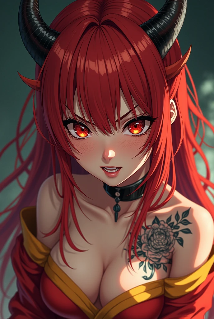((Artwork, 8K, extremely detailed, anime style)), 1 woman of Chinese ethnicity, red hair with bangs, angry look, demon horns, red iris color, small nose, freckles on the face, tattoo on the body, reddish kimono with yellow details.