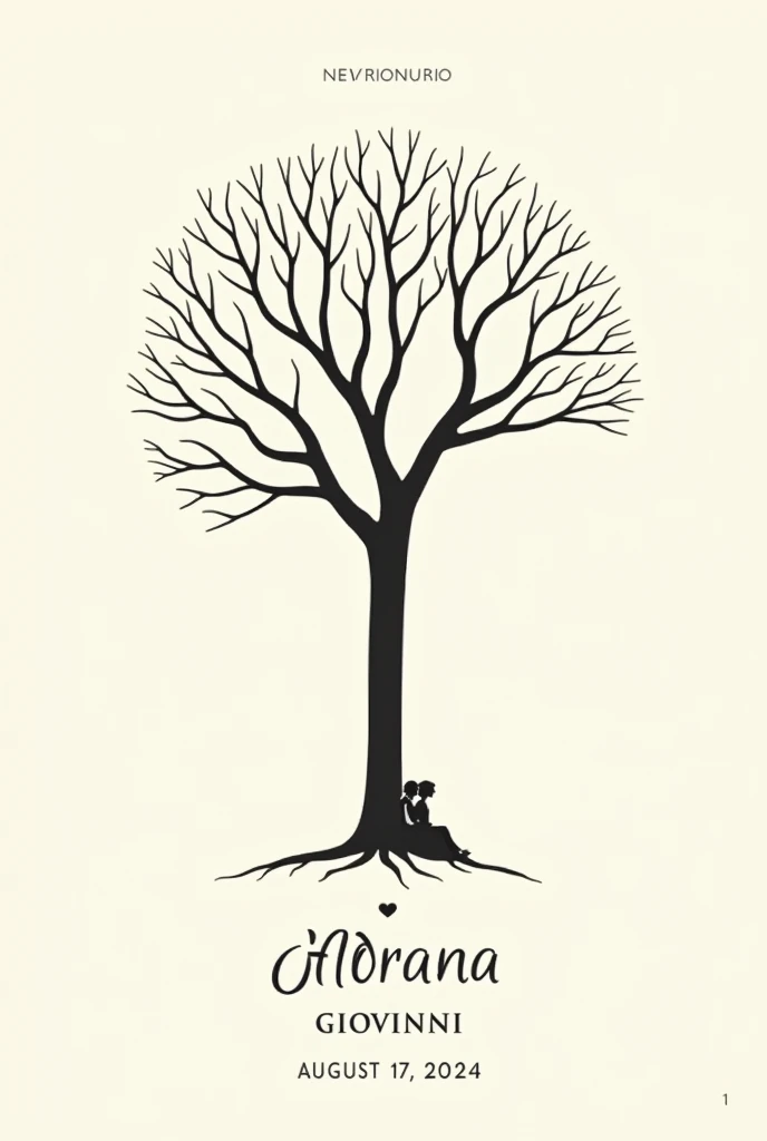 "Please, Create an image of an elegant tree without leaves or flowers with a plain background, Clear. The tree should include the names 'Adriana' and 'Giovanni' prominently displayed at the base of the tree. On the bottom, Add the text 'August 17, 2024'. Add title "Our Wedding" in Spanish, in the header . Add image of two lovers lying on the tree trunk."