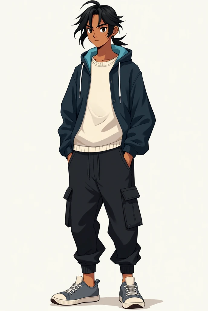 A young teenage male with a caramel brown skin tone, with long black hair in a small low ponytail, She has two locks falling on the sides of her face and a slight messy fringe., dark brown eyes, a good physique focused more on speed and agility, wear baggy black cargo pants, gray tennis shoes, white flat sweater and a dark blue jacket with light blue details, black and white