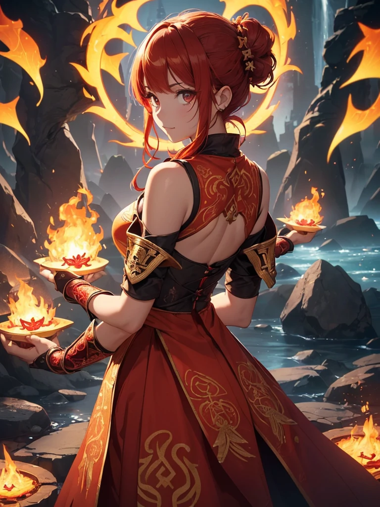 (((best quality, sharp image, clear image, cinematic lighting, 8k resolution, masterpiece, ultra detailed, intricate))) Girl, (((looking over shoulder))), shot from behind, ((half shot)), fire mage, cute, fiery red hair, pigtails in hair, (intricate dress), (white dress), ribbons in hair, smiling, fiery red, ((intricate Portal background)), ((fire magic)), candles, ((glowing runes on skin)), (flame patterns), ((fiery lotus flowers)), busy background., ((fire sigils)), (rock formations), Exploding rock, lavafalls, gauntlets, ((Red rubies))