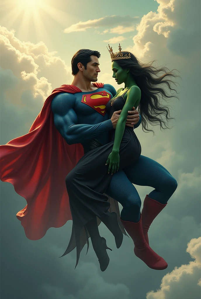 Superman , qui porte une femme comme une princesse . Cette femme à la peau verte , les cheveux noirs , une couronne sur la tête et des vêtements noirs