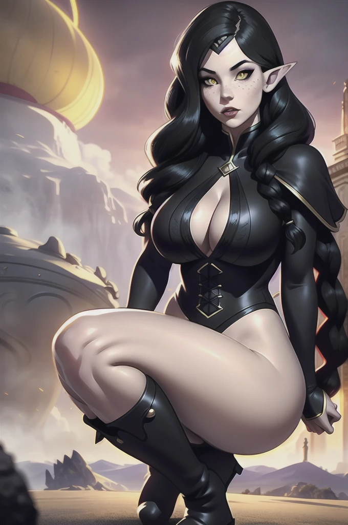 a beautiful elf princess, long black braided hair, bangs covering left eye, pointed ears, yellow eyes, freckles, thin lips, round face, wearing dark necromancer outfit, sensual gloomy attire, large breasts with cleavage, wide hips, thick thighs, knee-high black buccaneer boots, magic hall with giant cauldron, intricate details, dramatic lighting, dark fantasy, cinematic composition, volumetric fog, (best quality,4k,8k,highres,masterpiece:1.2),ultra-detailed,(realistic,photorealistic,photo-realistic:1.37)